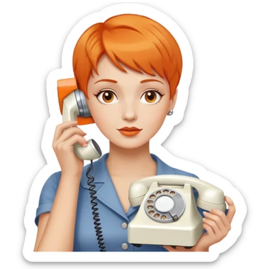 woman with short orange hair holding a vintage white phone to her ear, upper body sticker