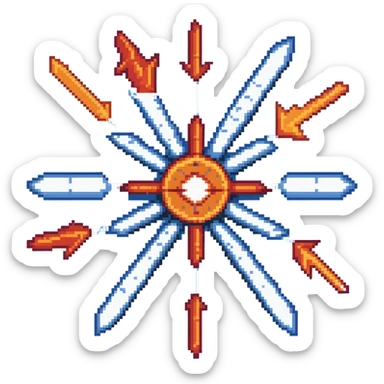 Bomb range power-up sprite, 64x64 pixels, explosion with red and orange arrows extending outward in four directions, target/bullseye design, vibrant red/orange color palette, clean pixel edges, recognizable icon that represents increased blast radius sticker