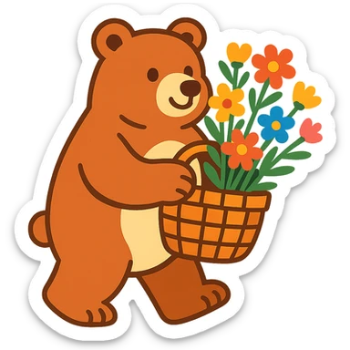 bear carrying a basket of wildflowers, soft pastel brown and cream, vibrant toon style sticker