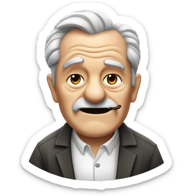 old man with a parted pompadour, bushy eyebrows, toothless mouth and closed eyes wearing a white shirt with gray stripes while smoking a cigar sticker