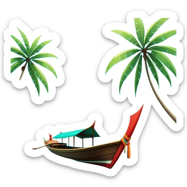 ​Cinematic Realistic Authentic Thai Longtail Boat, depicted as a traditional wooden longtail boat with a sleek, elongated hull and a brightly painted canopy, its long tail fin cutting gracefully through turquoise waters under a clear tropical sky, rendered with vibrant textures and dynamic natural lighting that captures its rustic charm and cultural heritage, sticker