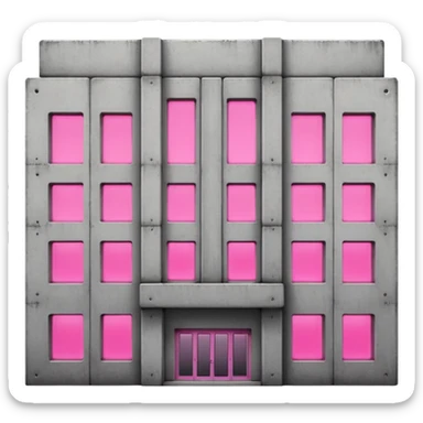 Russian panel building with bare concrete exterior, one pink glowing window, simple block shape with utilitarian design and slight ghetto feel sticker