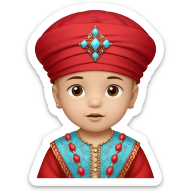  baby boy dressed in colorful ghalibiya with delicate decorations with a red Moracain hat sticker