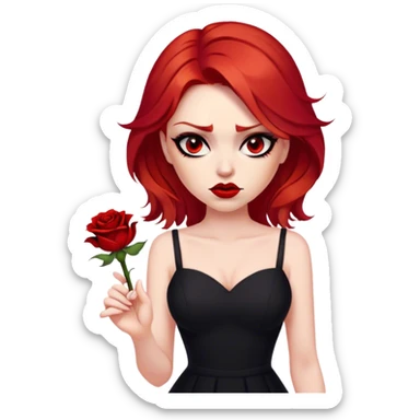 a beautiful very angry woman with red hair and red eyes. The woman wear a black little cutted dress. She have red lipstick and she have a seductive look. She have a rose flower in her hair sticker