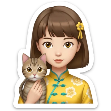 girl with brown hair and bangs wearing yellow qipao with gray tabby cat sticker