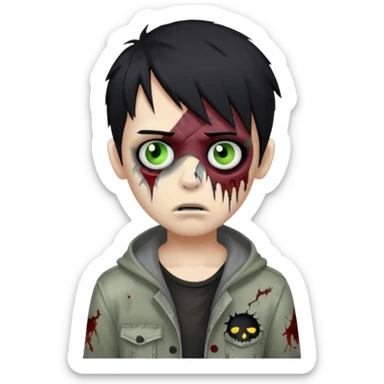 boy zombie with black hair, emo look, one eye covered sticker