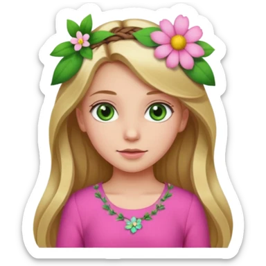 Girl profile picture with long browne and blonde hair and green eyes and a flower in her hair. and a pink outfit sticker