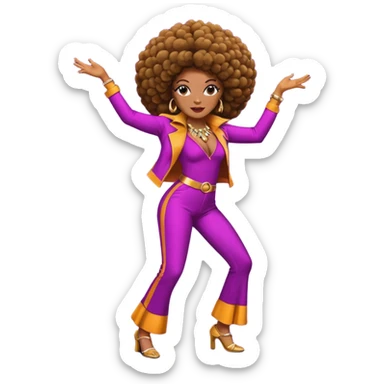 female African American character in 1970s disco style, vibrant outfit, afro hairstyle, dancing pose sticker