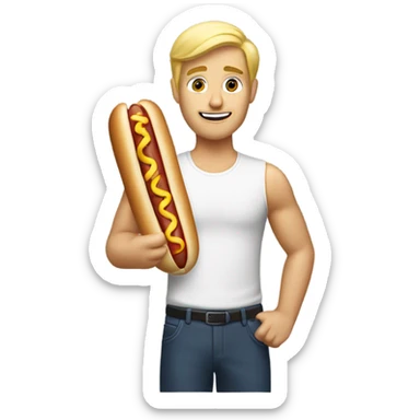 Blonde guy holding a hot dog no bun sticker