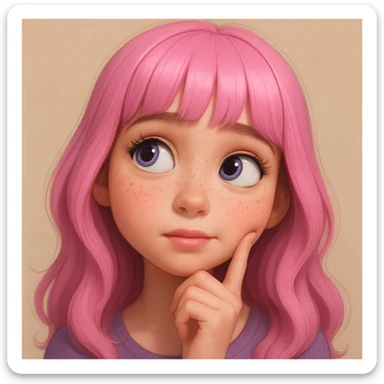 Redraw this character in a 3D Disney style with a thoughtful, dreamy expression, keeping the pink hair, purple eyes, and freckles. Reference the original likeness. The style should reflect a vibrant, detailed 3D Disney animation look with expressive features and soft shading. sticker
