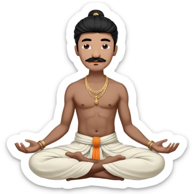Black hair cossack with bold head, very long black mustache, lock of black hair sprouting from the top of the shaven head, without any jewelry, meditating bare torso with closed eyes in lotus pose in long traditional indian dhoti covering the legs sticker