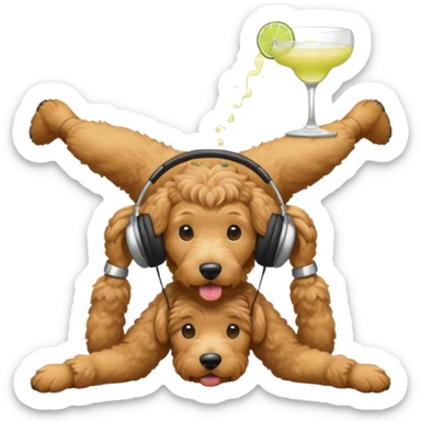 light brown golden doodle doing a headstand with headphones and drinking a margarita  sticker