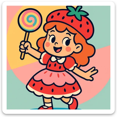 little girl in a strawberry shortcake dress, holding a candy wand, pastel background, vibrant toon style sticker