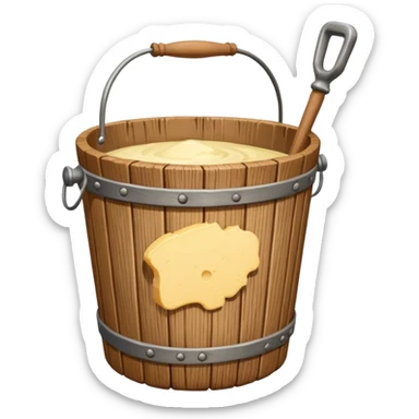 Create a wooden butter churn bucket with stick showing  sticker