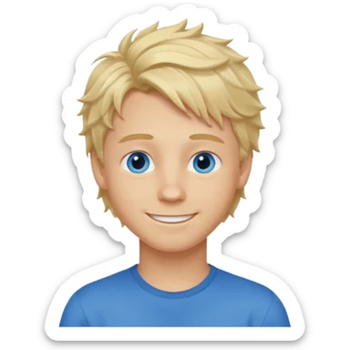 Emoji chlopak z blond włosami które będą rozsztrzepane i niebieskimi oczami uśmiechając się i większe wlosy sticker