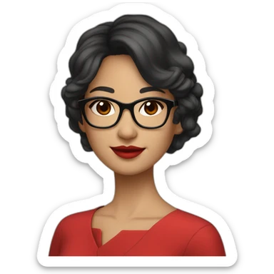 Young woman asiatic teacher, black square hairs, red glasses, red lipstick, red dress, black eyes sticker