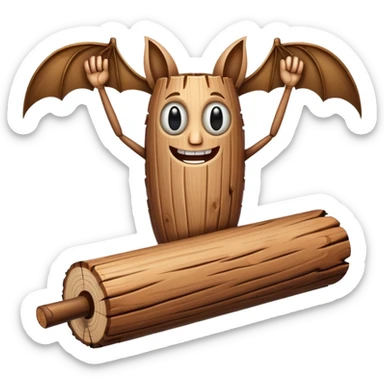 The character is an anthropomorphic wooden log with a cartoonish face, human arms and legs, and a long wooden bat, giving it a surreal, humorous appearance. sticker