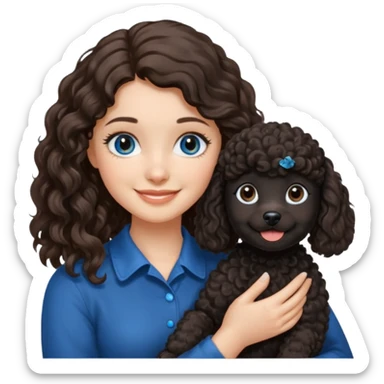 Brunette girl with long wavy hair and blue eyes holding black puppy poodle with brown eyes sticker