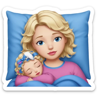 Girl Blonde short wavy hair,  blue eyes, cute blue top, long lashes, pink lips, sleeping sticker