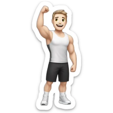 Joyful Celebrating victory Pale skinned Fit Man With the biceps and dark brown hair in black shirt, gray sports shorts and white Sneakers sticker