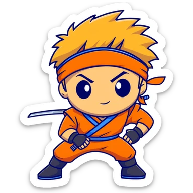 A blonde ninja boy with spiky hair, whisker marks on cheeks, orange outfit, and blue headband with metal plate sticker