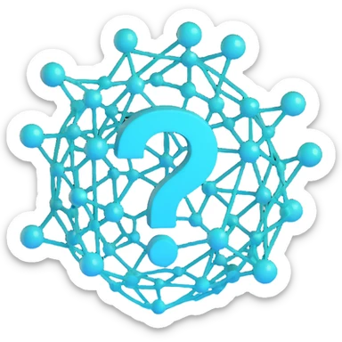 icon symbolizing non-deterministic logic, a network with a question mark at the center, glowing elements, dynamic mysterious, blue and teal colors, 3D emoji style sticker