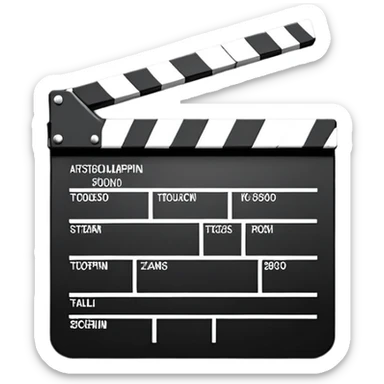Flat design movie clapperboard with subtle shadow, black and white with minimal stripes, clean iOS emoji style sticker