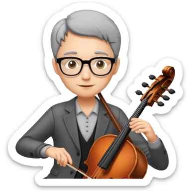 an emoji of my mum playing the cello, she has short black-ish gray hair, wears glasses, she is small sticker