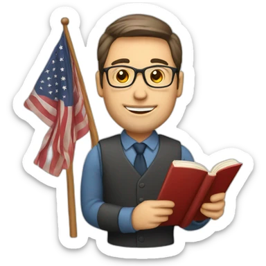 male english teacher with book and american flag sticker