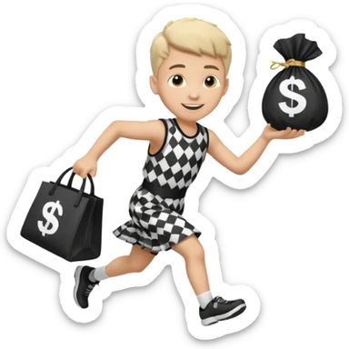 Robber running with Money bag black and white check dress boy sticker
