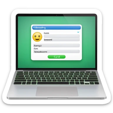 A emoji-style illustration of a laptop front facing with its screen showing onboarding form. On the screen, display a small white form card with a few input fields no labels. Add a bright green button at the bottom of the card no label. fix the keyboard letters. sticker