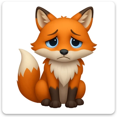 A 2D cartoon fox emoji with a sad expression, looking downcast, with blue eyes. sticker
