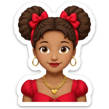 Brownskin girl dark brown hair fluffy.Two buns with red bows brown eyes smiling closed mouth red shift gold necklace sticker
