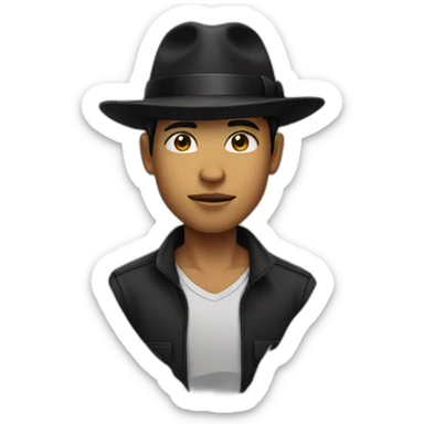 young age man wearing half skull mask with a black fedora hat sticker