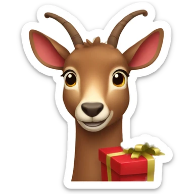 happy smiling brown chamois holding red gift sticker