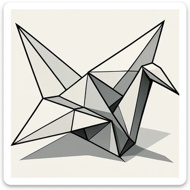Make the origami crane even more abstract, emphasize geometric shapes, deconstruct the form, use bold lines and minimal color, keep the background clean and simple in a low-poly polygonal illustration style. sticker
