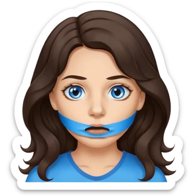 Female long wavy dark brown hair blue eyes, tape over mouth, victim of DV sticker