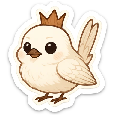 small elegant wren bird with alabaster-white feathers and wooden crown, storybook style, emoji style sticker