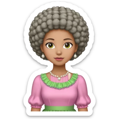 Brown woman with a tiny stylish gray Afro  wearing pink and green dress  and pearl blouse with sleeves sticker