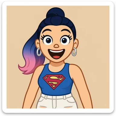 Create a girl character in emoji style with the same face and outfit as the reference image. Change the hair to a high ponytail dark blue ombre, blue eyes, very excited expression, thick black eyeliner, thick long eyelashes, light pink lips, large upper body visible, wearing white ripped cargo pants. sticker
