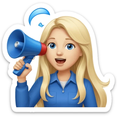  blue eyes blonde girl yelling into megaphone smiling long hair sticker