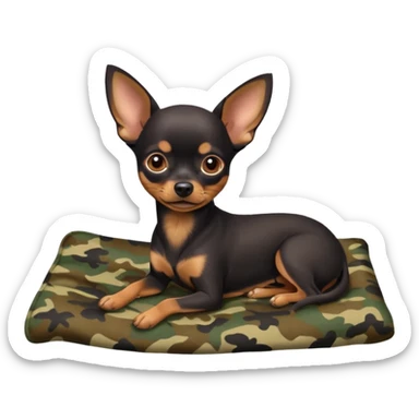Min-Pin Chihuahua with a dark coat resting on a camo blanket, tiny paws visible sticker