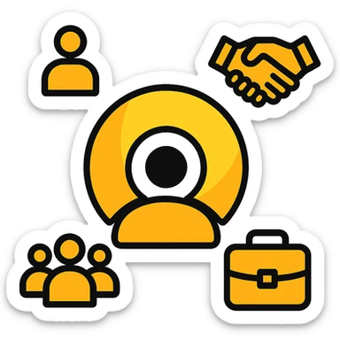 Create a minimalistic and abstract logo design with a dominant orange-yellow color palette. Place the Volio logo (from the provided image) at the center as the main visual element. Integrate modern, symbolic icons representing Human Resources, such as a person, a group of people, a handshake, or a briefcase, in a clean and balanced layout. The design should be futuristic, tech-style, and high contrast against a white background. Keep the overall composition simple, professional, and visually striking. sticker