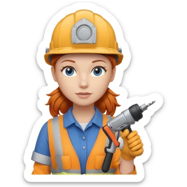 A ginger haired girl blue eyes, handyman Outfit, wearing a Helmet, with drill sticker