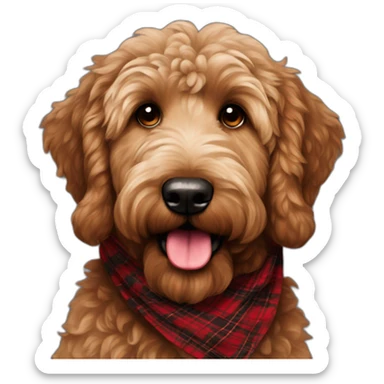 Dark brown colored golden doodle with a red and black flannel hankerchief sticker