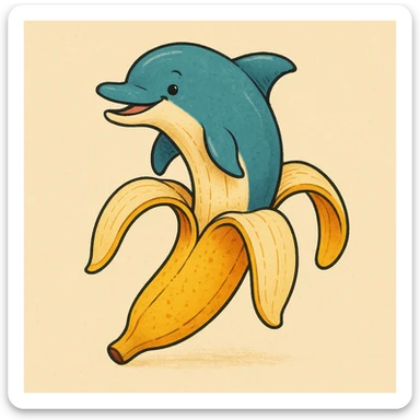a playful and creative dolphin whose lower body is a peeled banana, with the dolphin's upper body as the banana top sticker