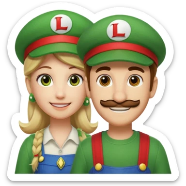 blonde female Luigi (with the Luigi green hat with an L on it) and a normal brown hair male Mario with the red hat with a (M) on it. They are friends just smiling. think video game sticker