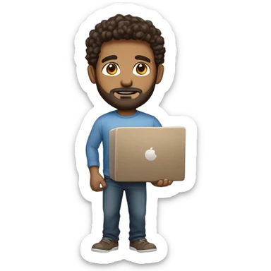 men carrying a computer in his hands. light brown skin men with curly dark brown hair, brown eyes, little grown beard. imposing, bit muscular build. dressed casual. sticker