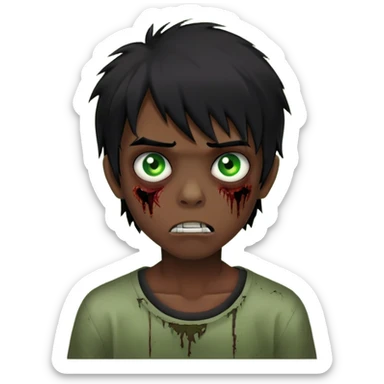 Boy, zombie, black hair, medium long, emo, shaggy, dark, spooky, creepy expression, green eyes sticker