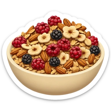 realistic small cluster of granola with rolled oats, crisped clusters, nuts, seeds, dried fruit, golden brown to beige colors, red or dark brown hints, crunchy rustic texture, irregular shapes, no bowl, yogurt, spoon, or faces, clean 3D style, soft lighting, transparent background, emoji scale sticker